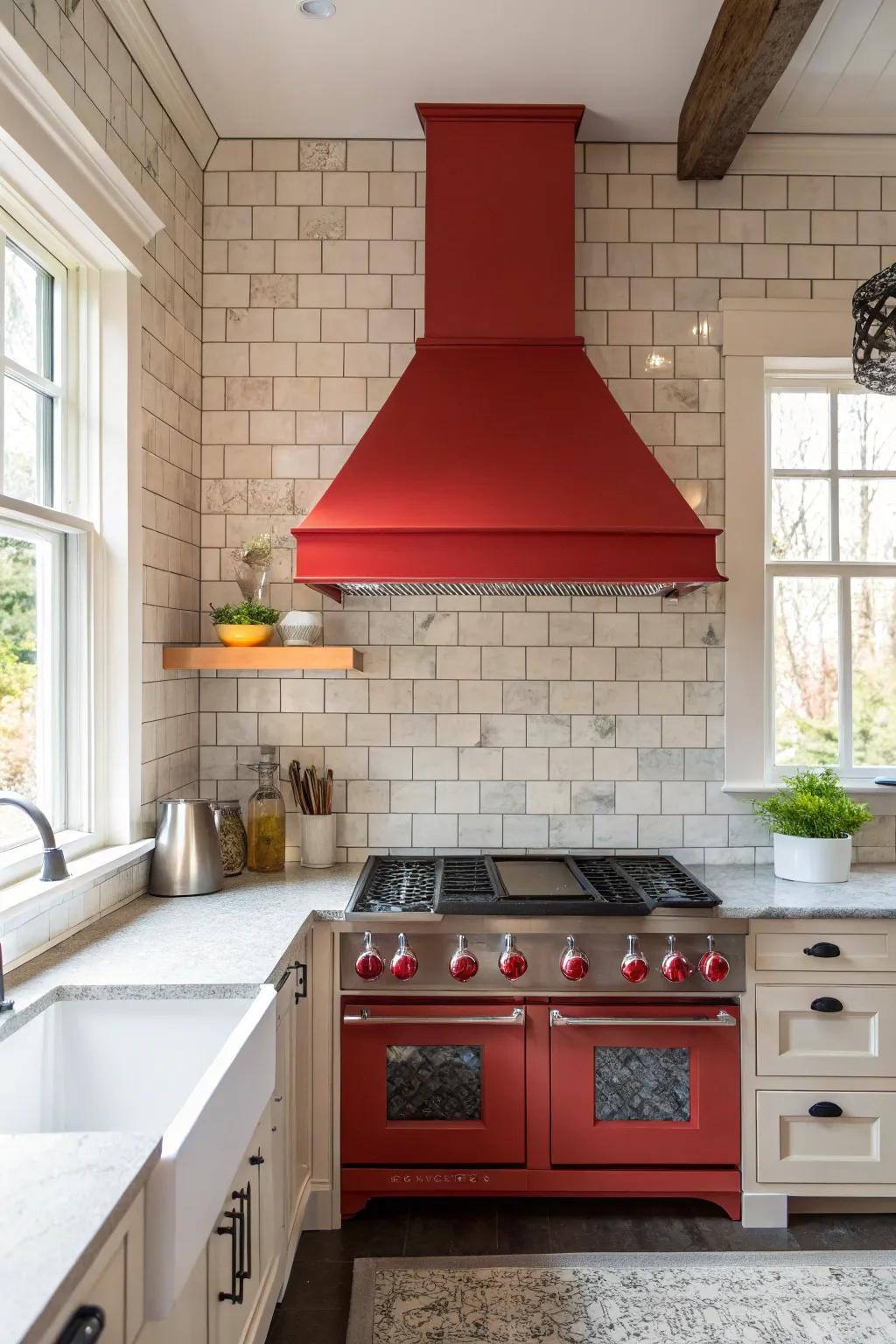 Kitchen space presenting a boldly colored range hood contrasted against a neutral tile backsplash.
