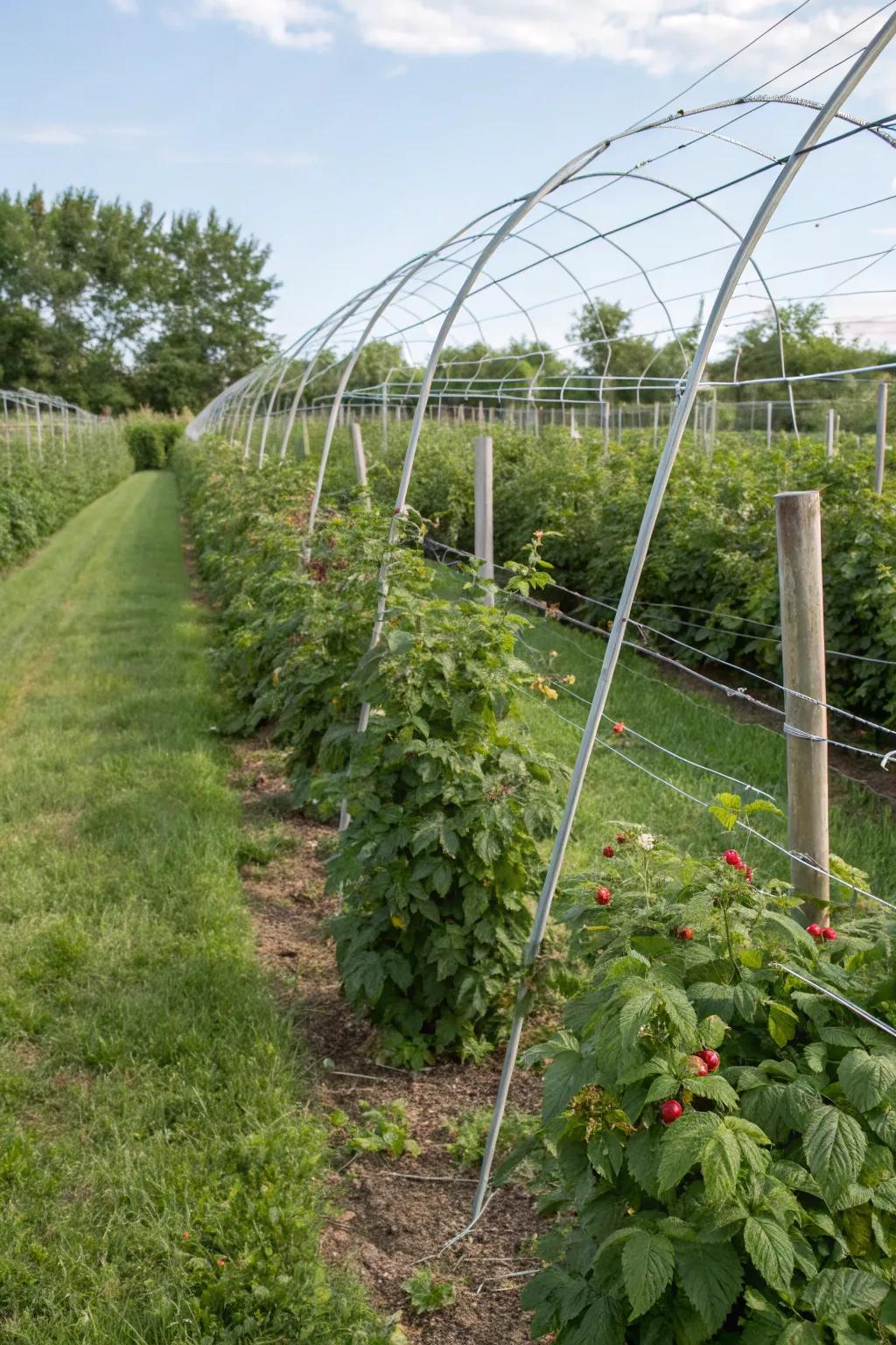 Metal cable supports keep raspberry branches flawlessly aligned.