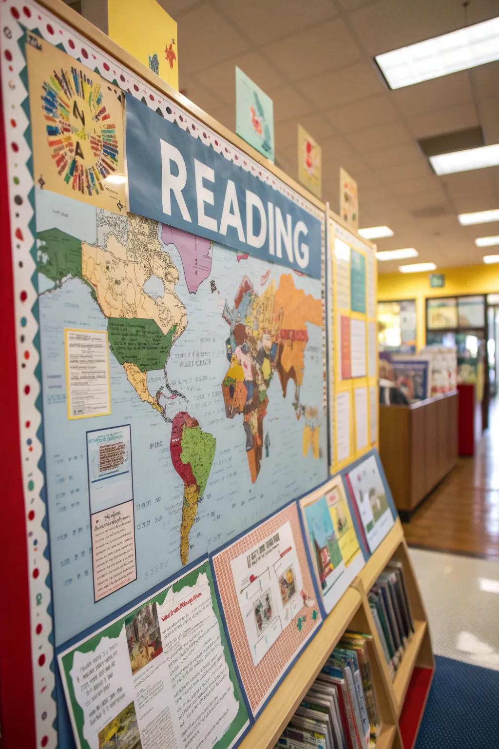 Maps and directional symbols prompt readers to journey through various book genres.