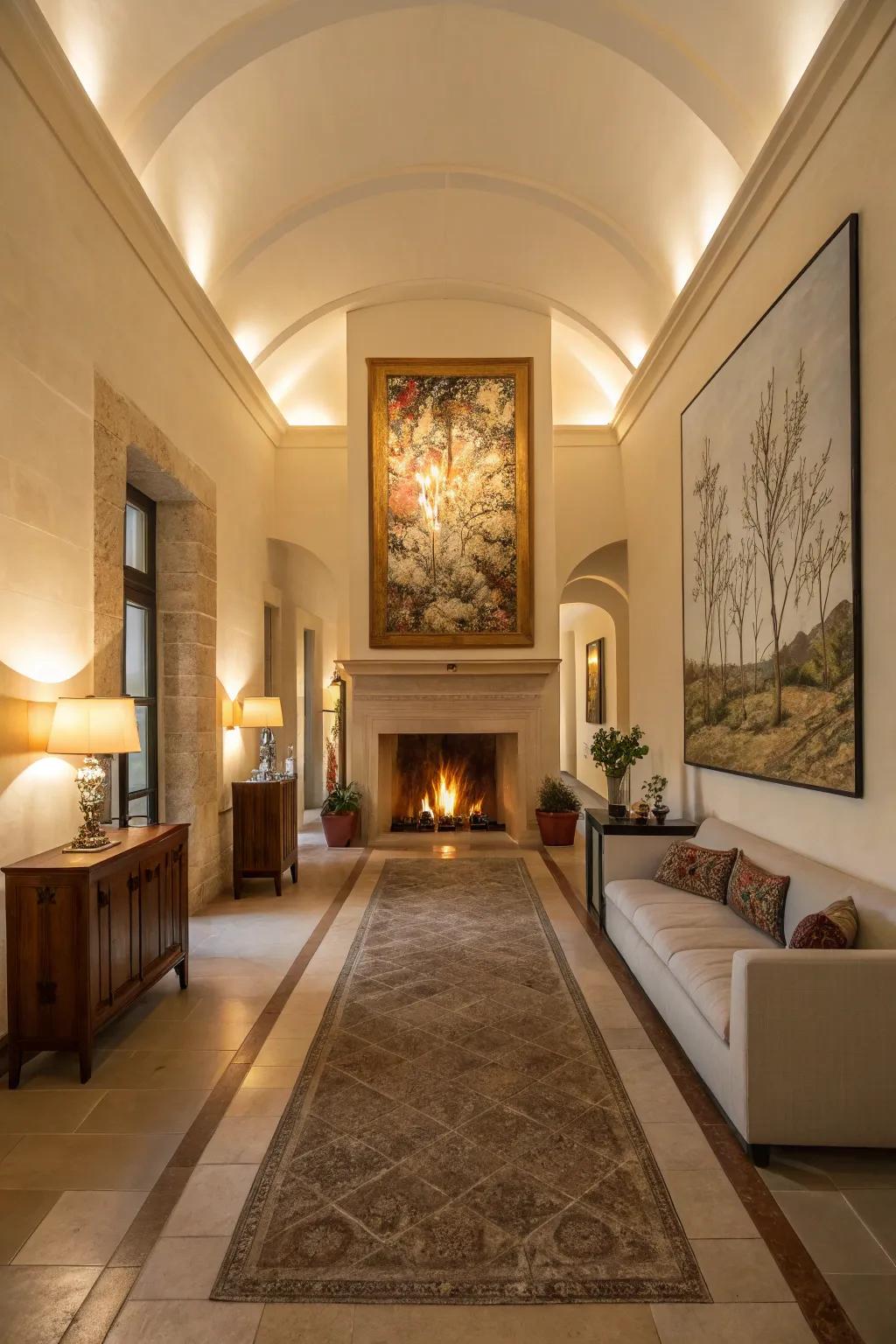 A center of attention anchors the design in a long slim area.