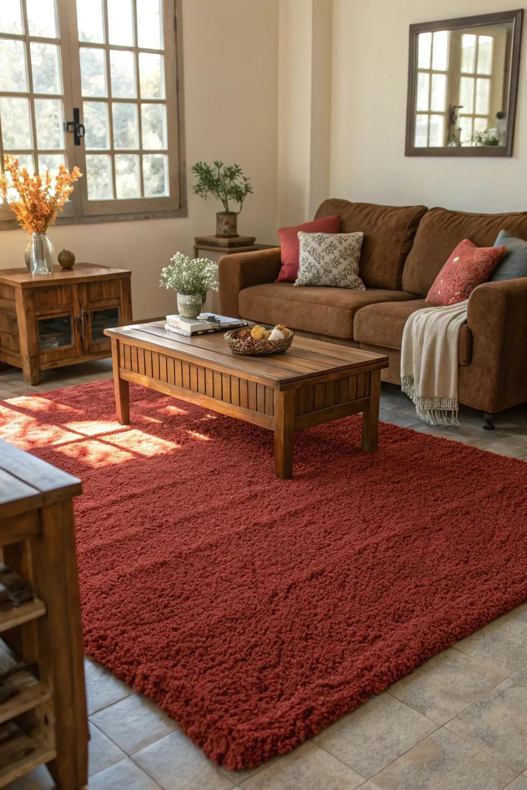 Textural rouge carpets enhance warmth and comfort in a living space.