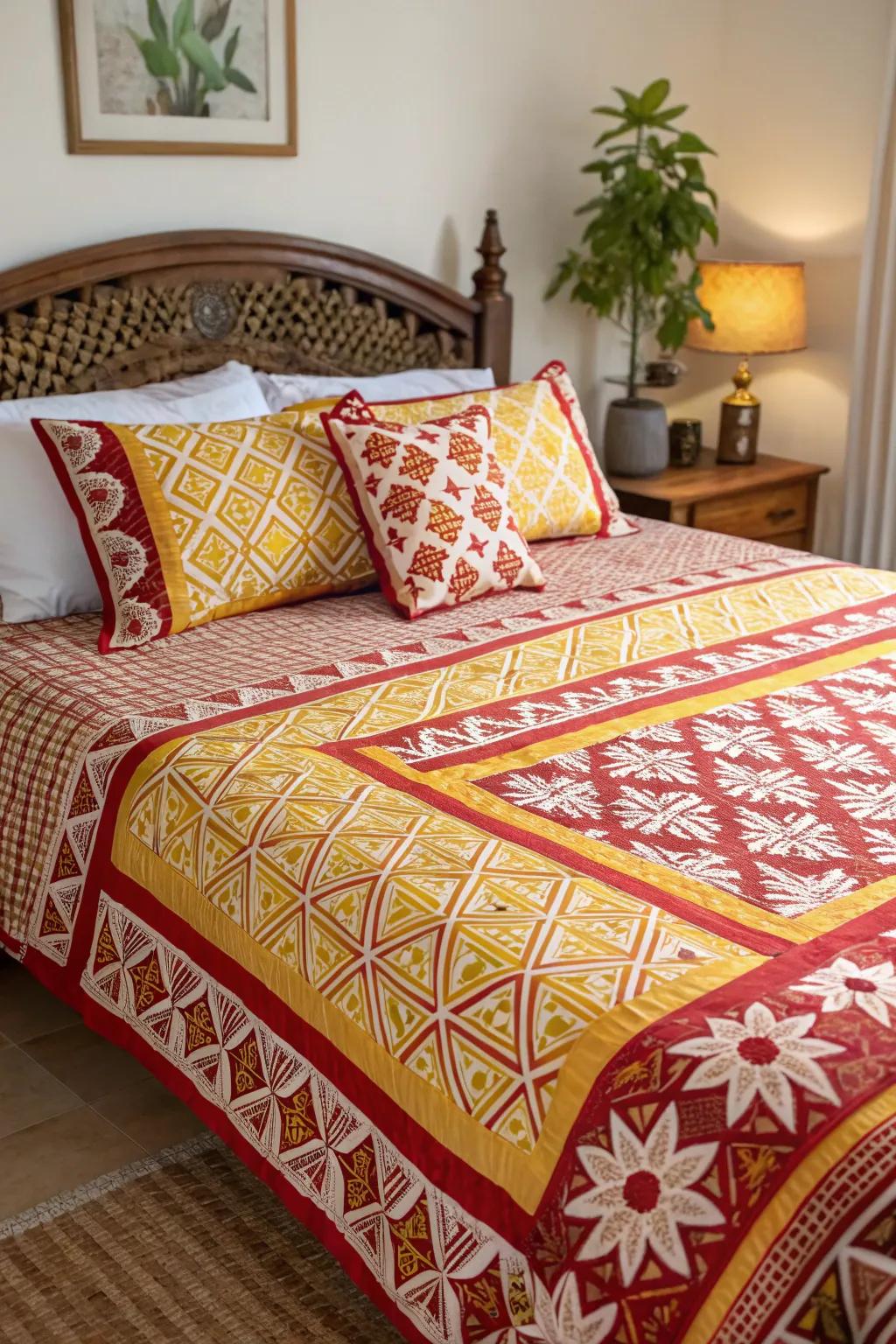 Decorated bedding in crimson and gold brings a playful and lively feel to this bedroom.