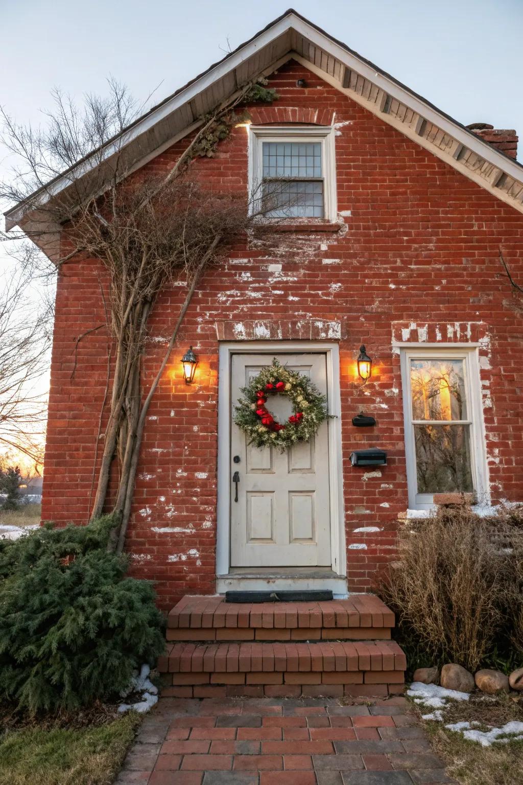 A seasonal wreath adds a welcoming touch to a red brick porch.