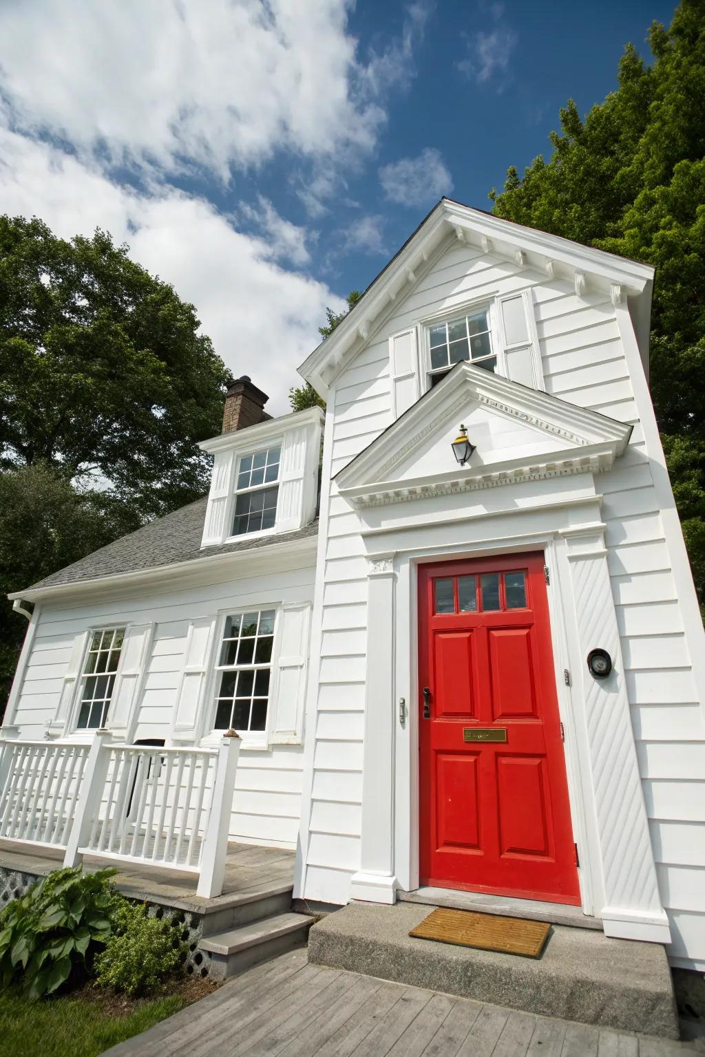 White house with a bold scarlet door, making a strong visual statement.