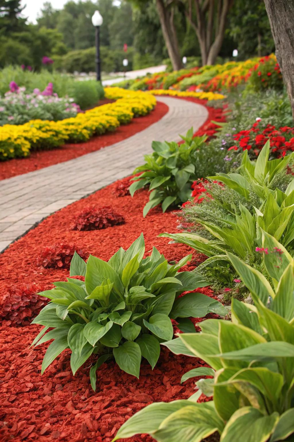 The contrast between garnet ground cover and greenery cultivates a visually energetic garden.