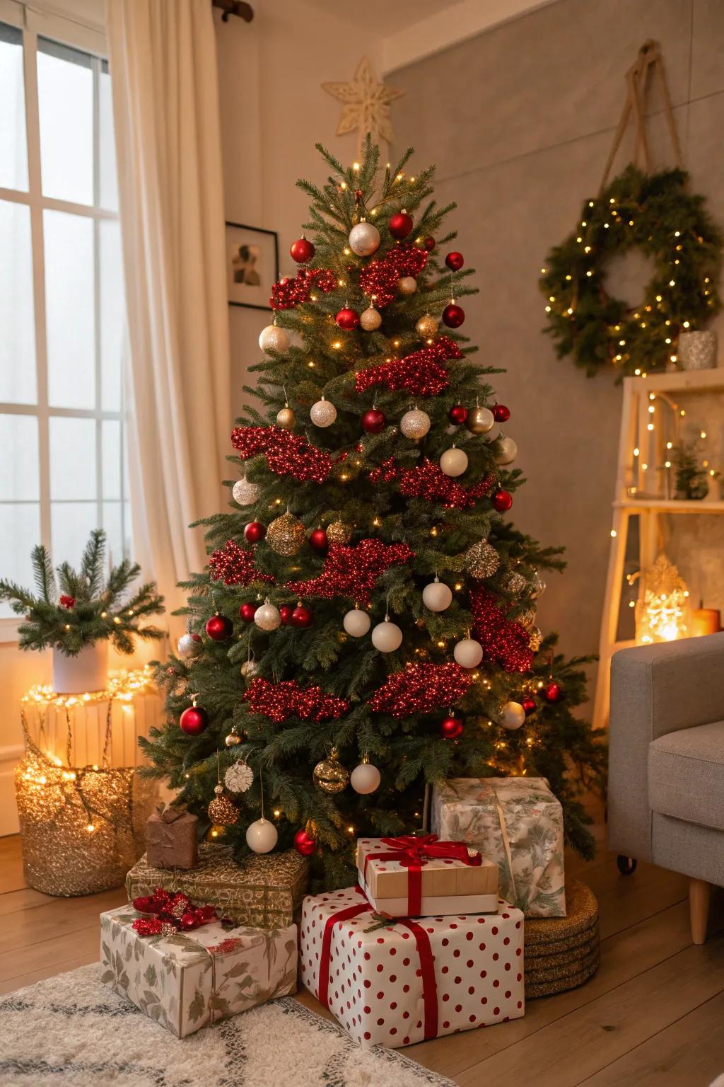 Crimson berry stems introduce a natural element to the festive tree.