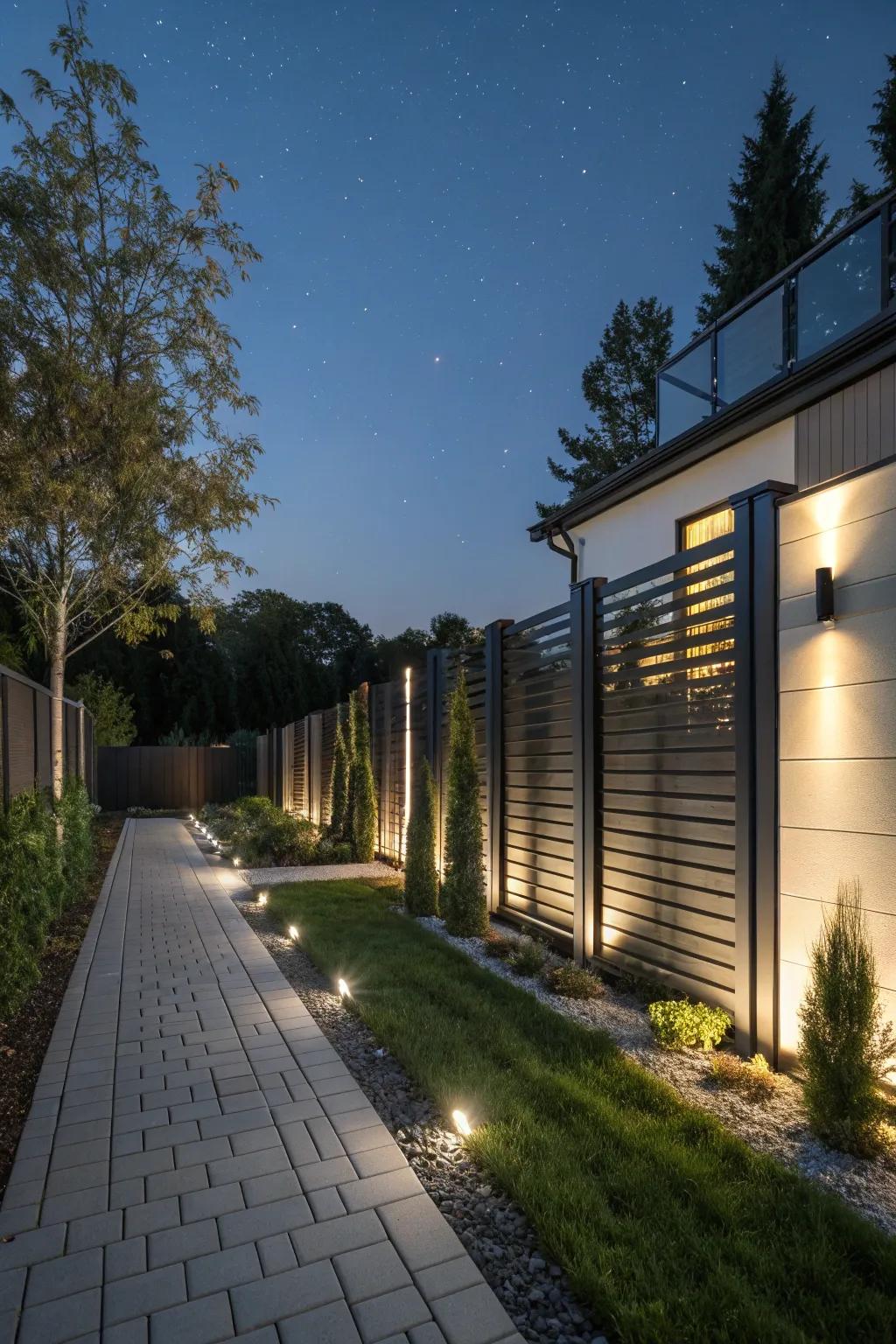 Integrated lighting transforms your fence into a radiant spectacle as night falls.