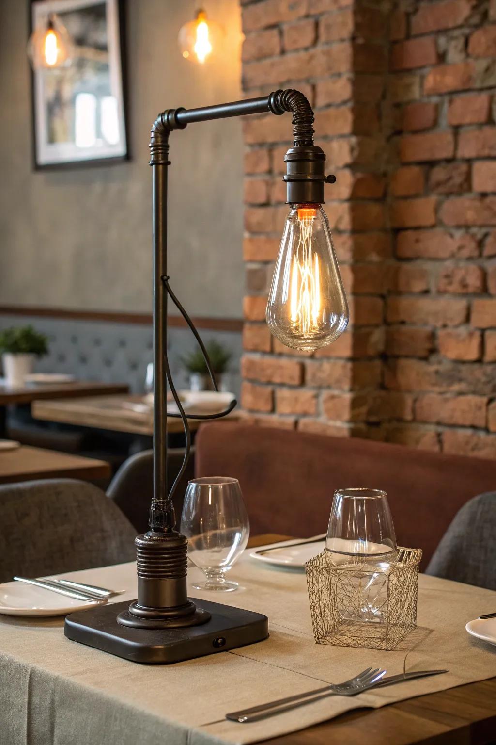 An industrial metal table lamp with an exposed bulb on a restaurant table against a brick wall.