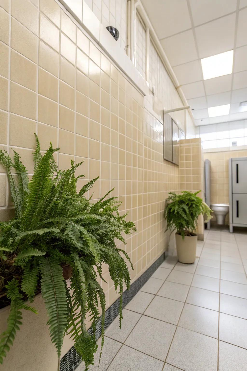 A touch of greenery brings freshness to the bathroom's design.