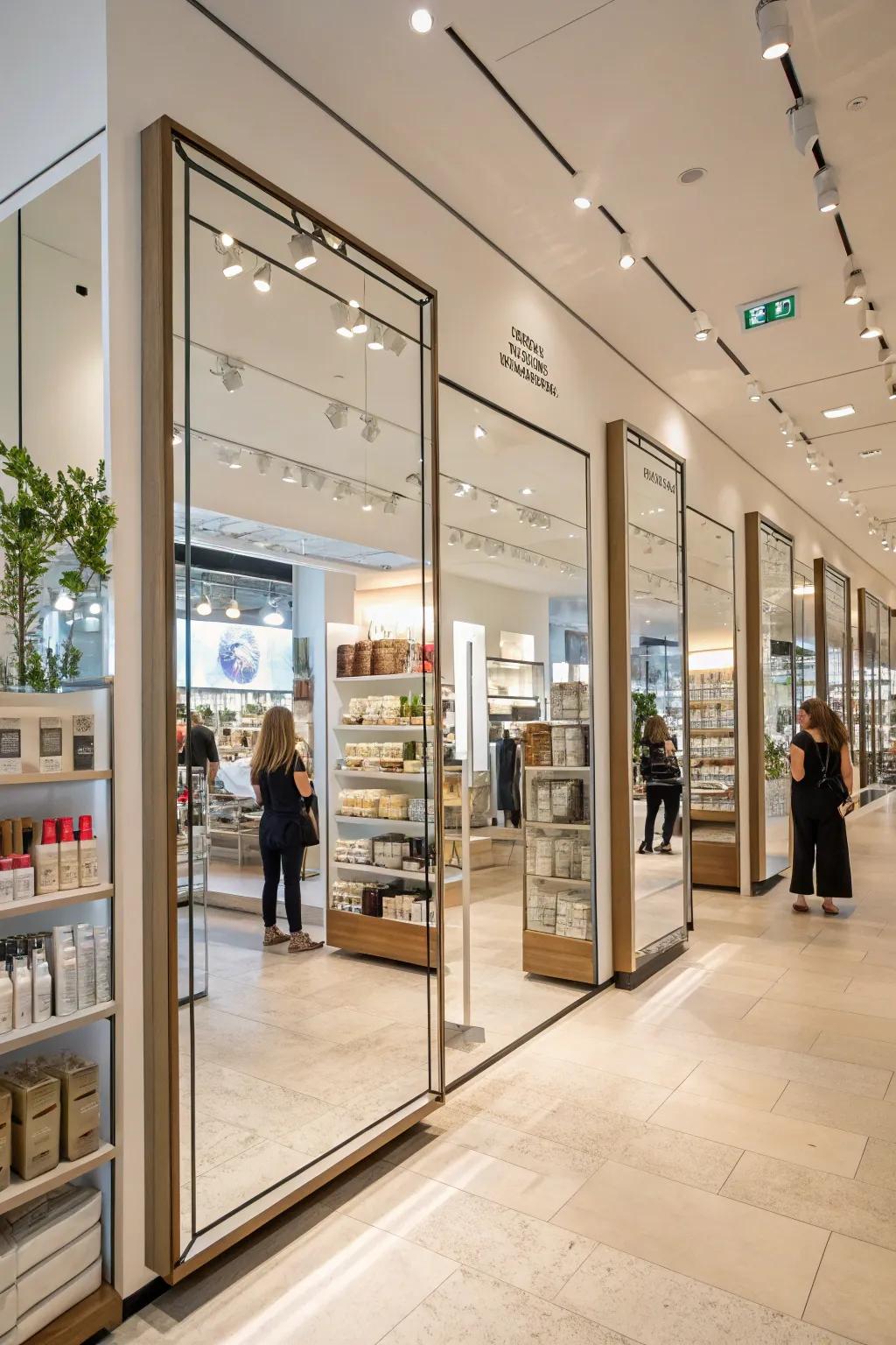 Strategically placed mirrors can make a compact retail space appear expansive.