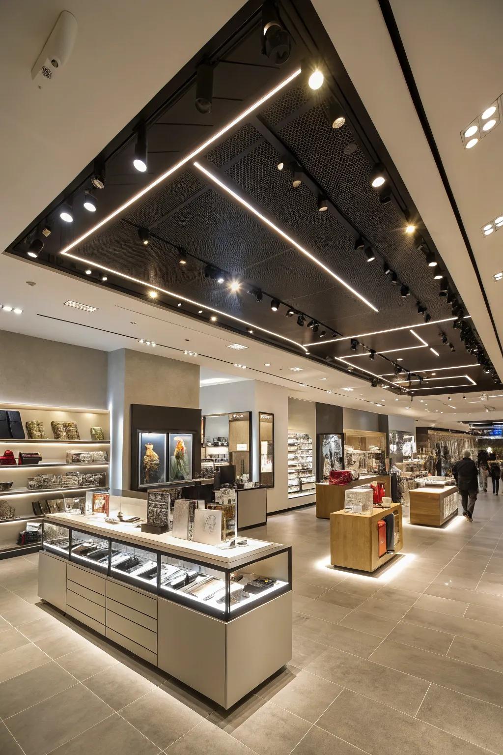 Integrated lighting accentuating the store's design aspects.