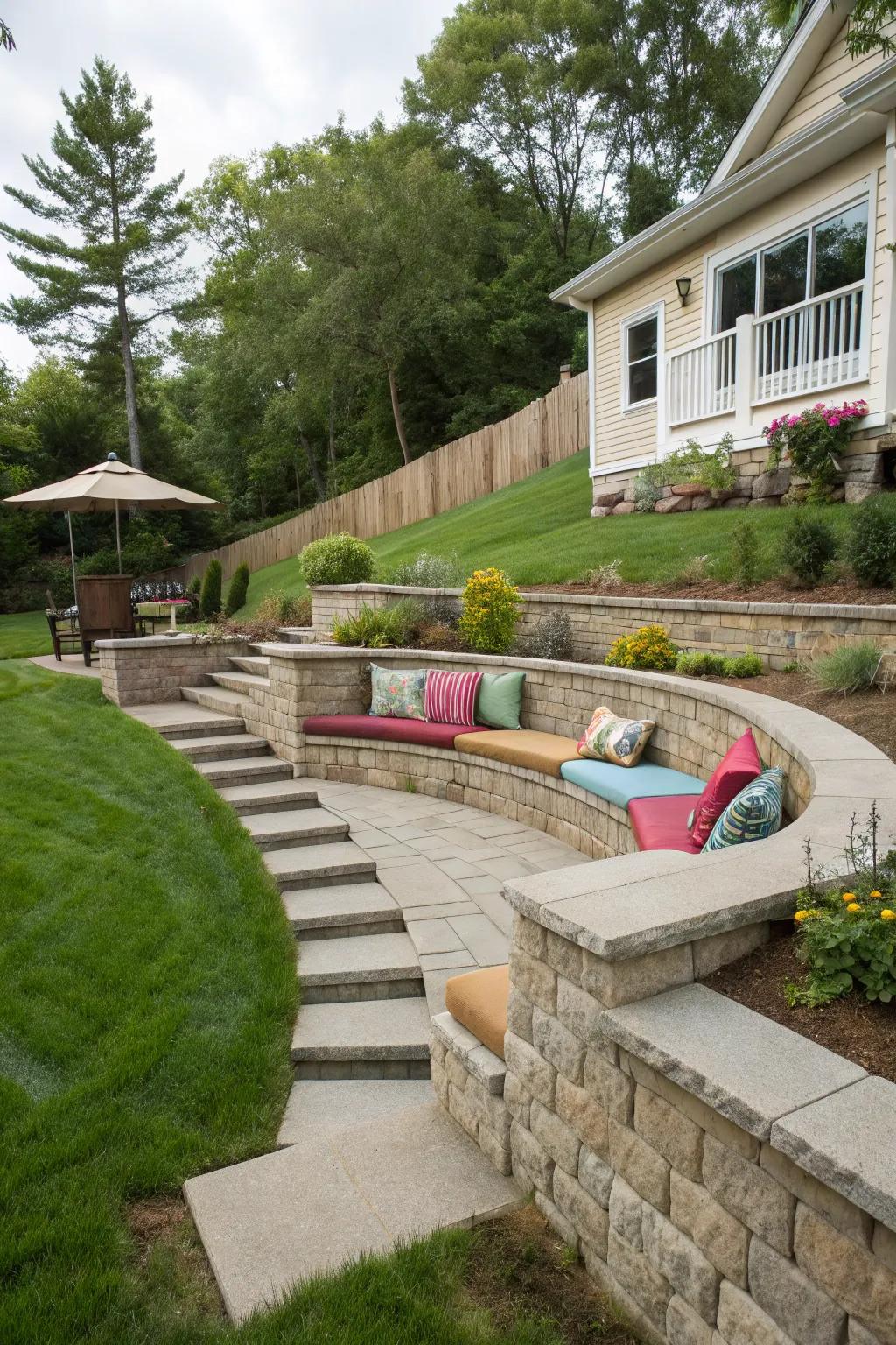 Bench structures offer both reinforcement and a space for unwinding.