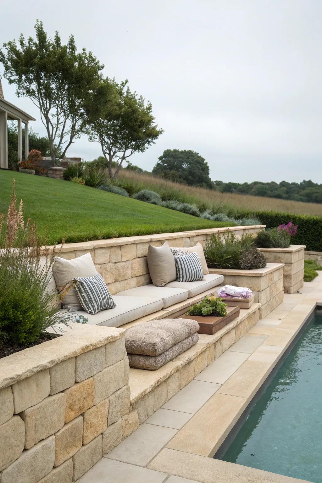 Retaining wall featuring built-in seating by the pool for ultimate relaxation.