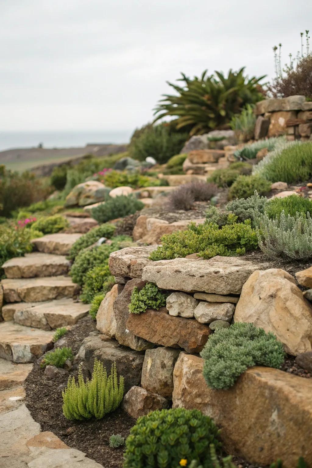 A terraced rock garden makes excellent use of the inclined terrain.