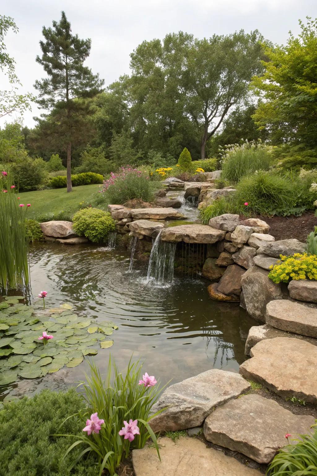 A stone water feature adds peace and motion to the garden.