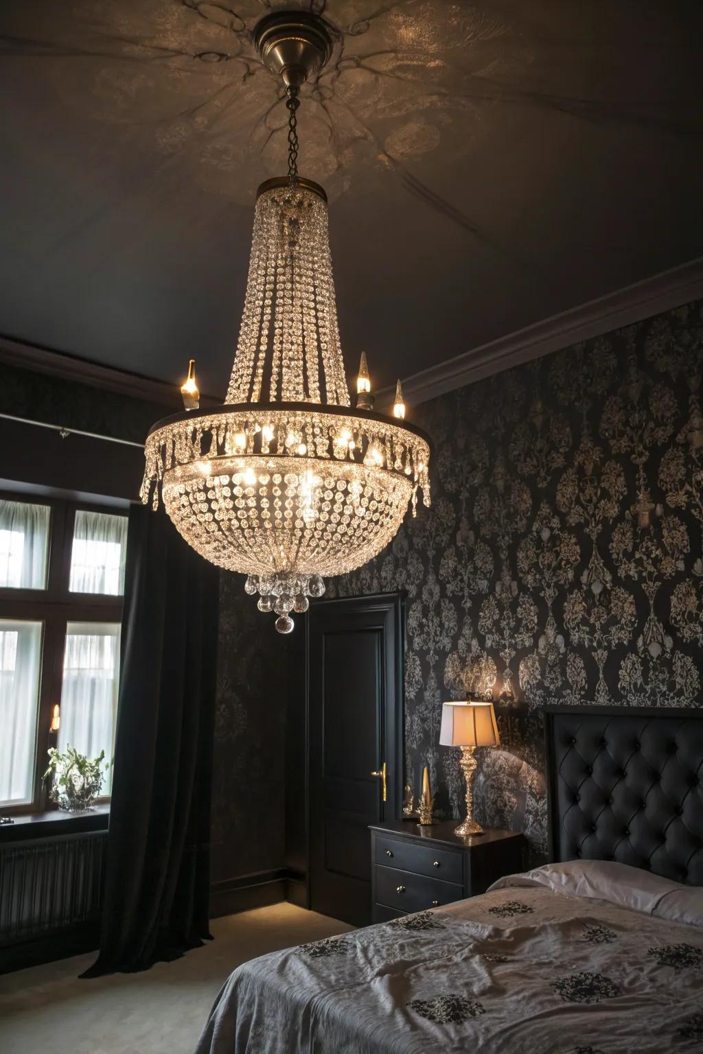 A glass chandelier serves as a captivating focal point in a gothic-themed bedroom.