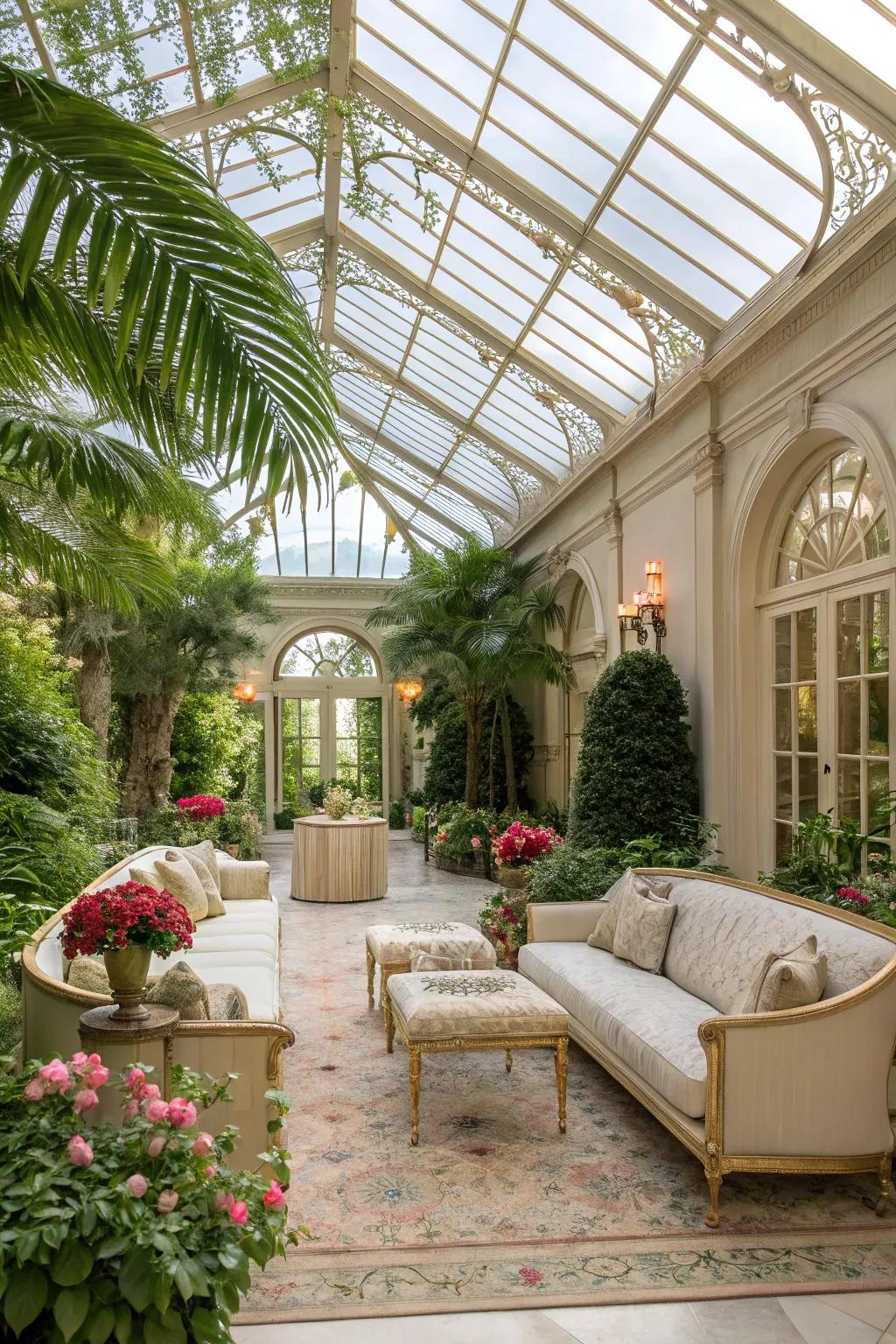 Greenhouse-style glass roofs fashion radiant, inviting environments.