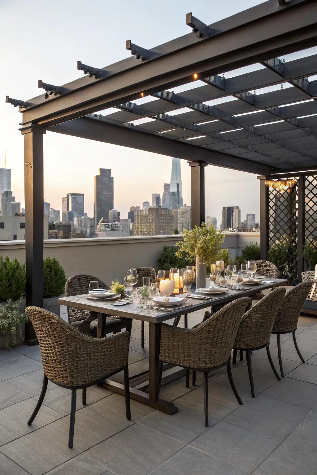 Enjoying outdoor meals on a rooftop is a wonderful experience.