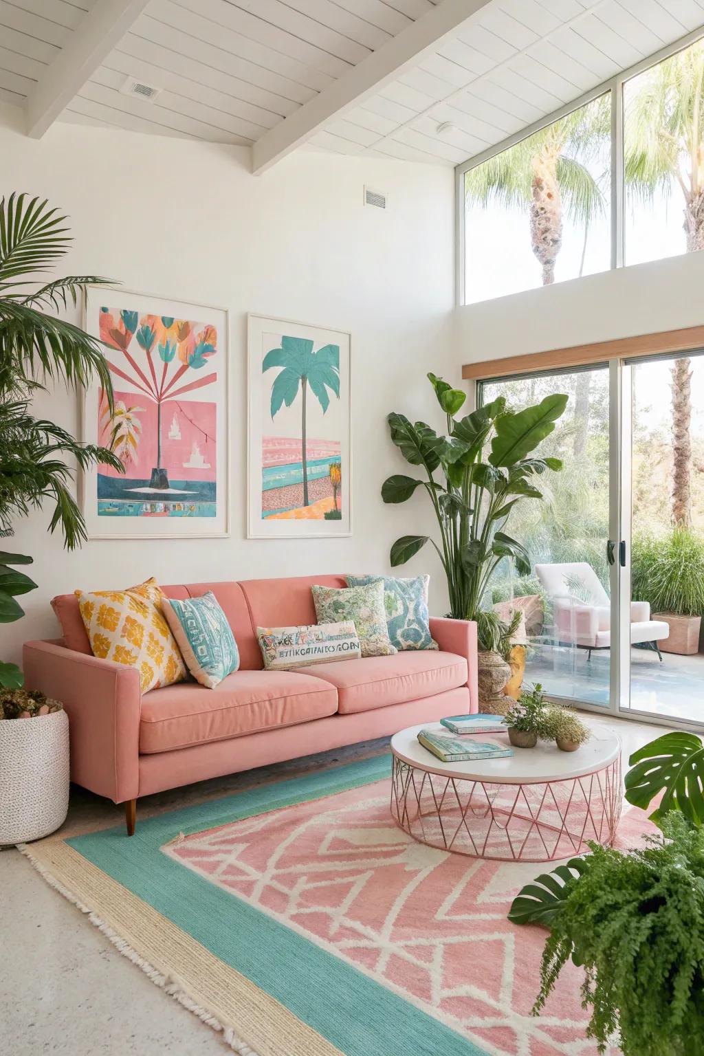A modern living room with Palm Springs-inspired vibrant colors.