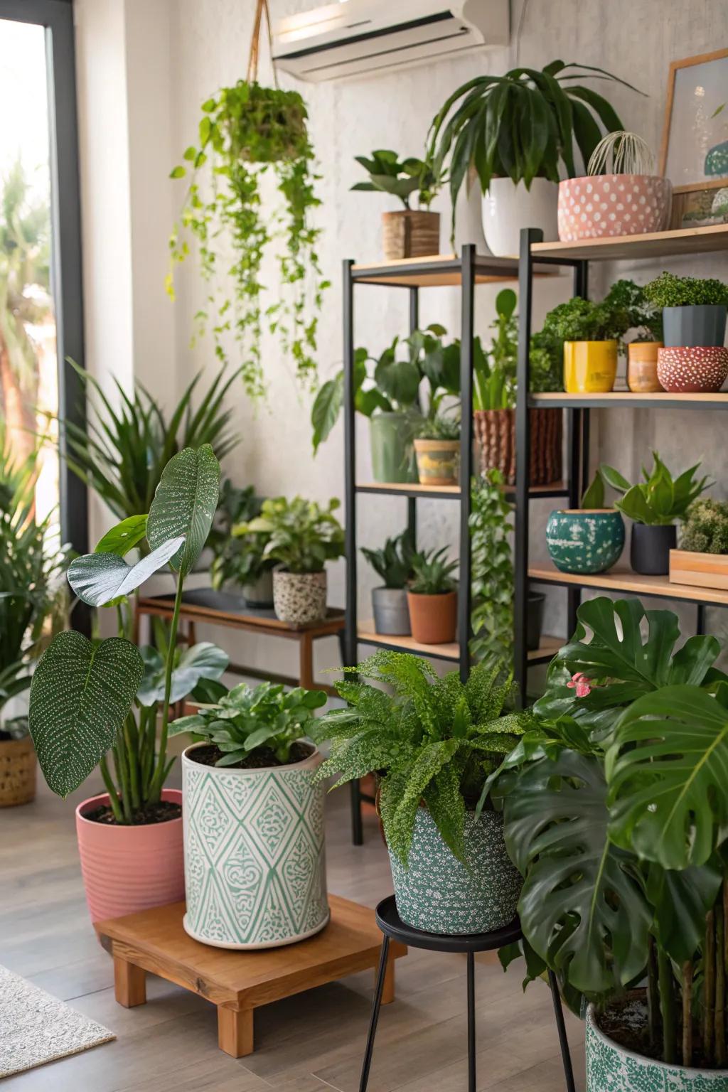 Houseplants breathe life into this room's atmosphere.