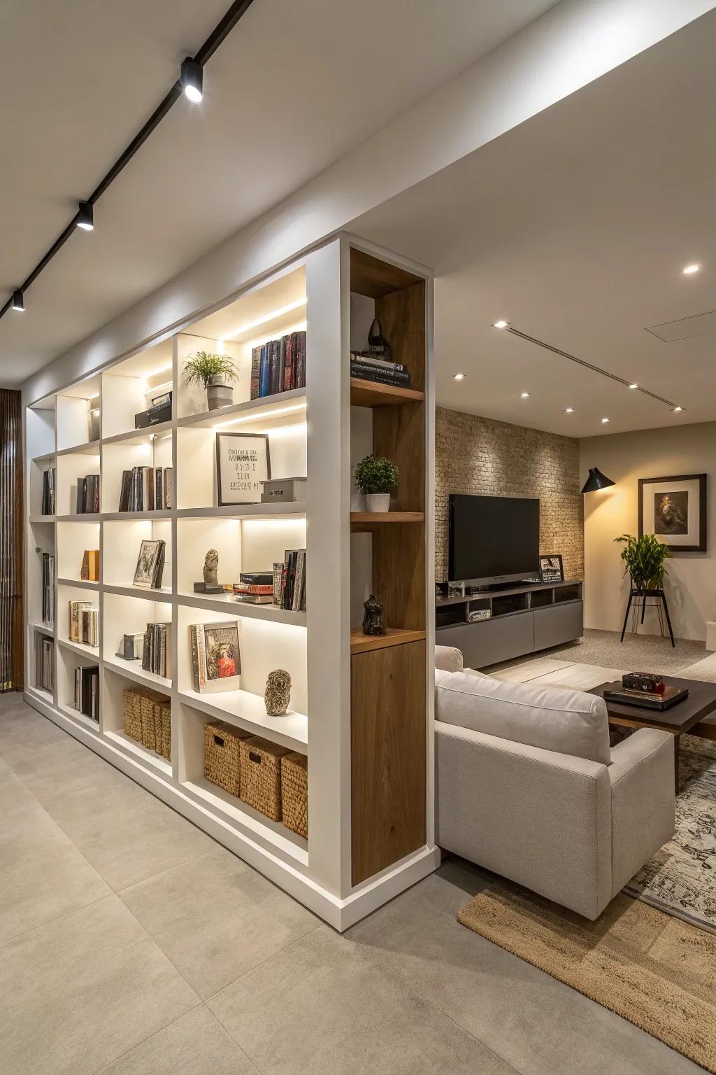 Open shelving units serve as a practical and chic way to divide space.