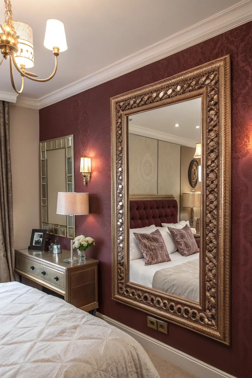 A pink-tinted gold mirror enhances the room's sophistication and sense of space.