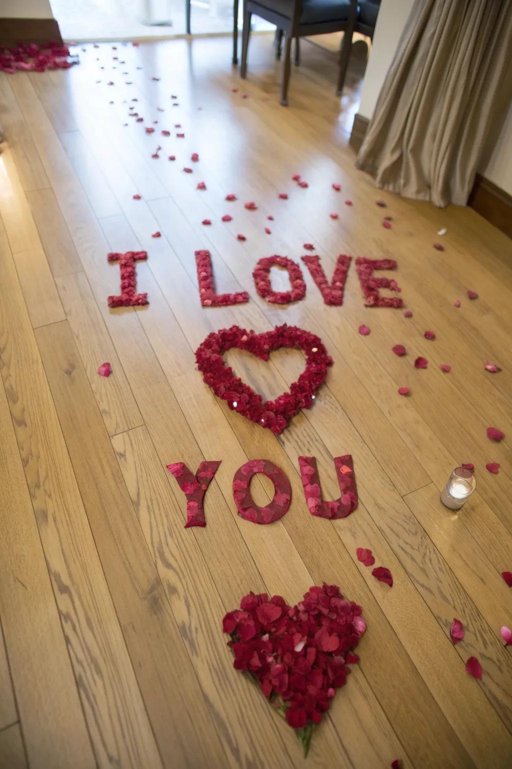 A love message created from rose petals