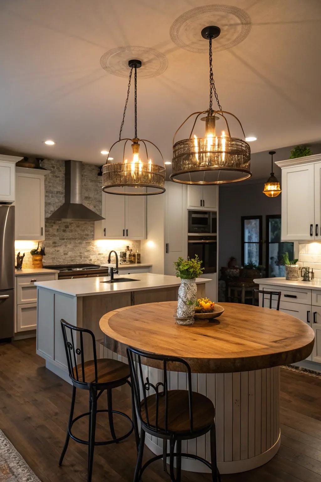 Pendant lighting enhances the focus and sophistication of a circular kitchen island.