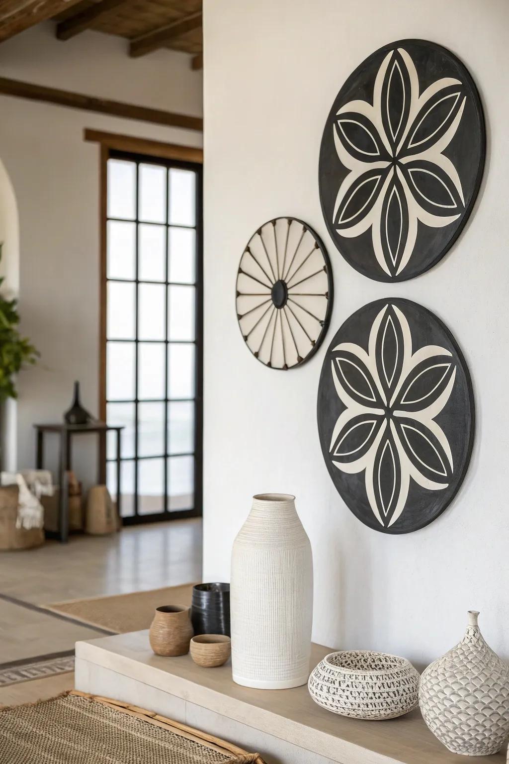 A minimalist space showcasing black and white circular decor for an elegant touch.