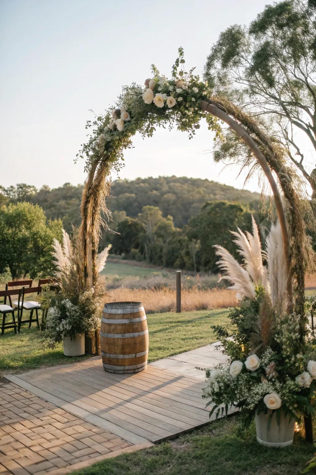 A rustic round wedding arch featuring pampas grass and twigs.