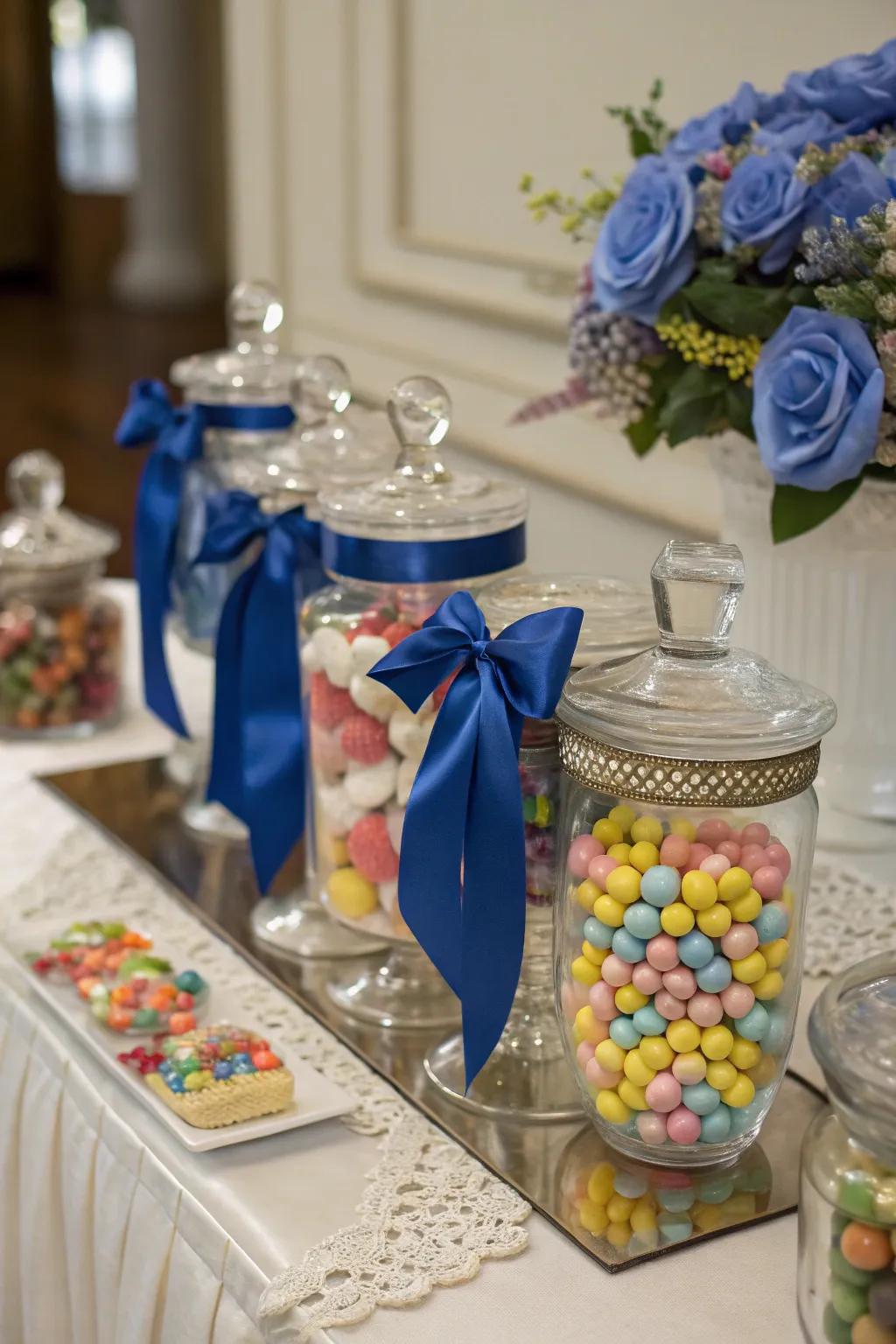 Sweet containers stylishly embellished with midnight blue strands.