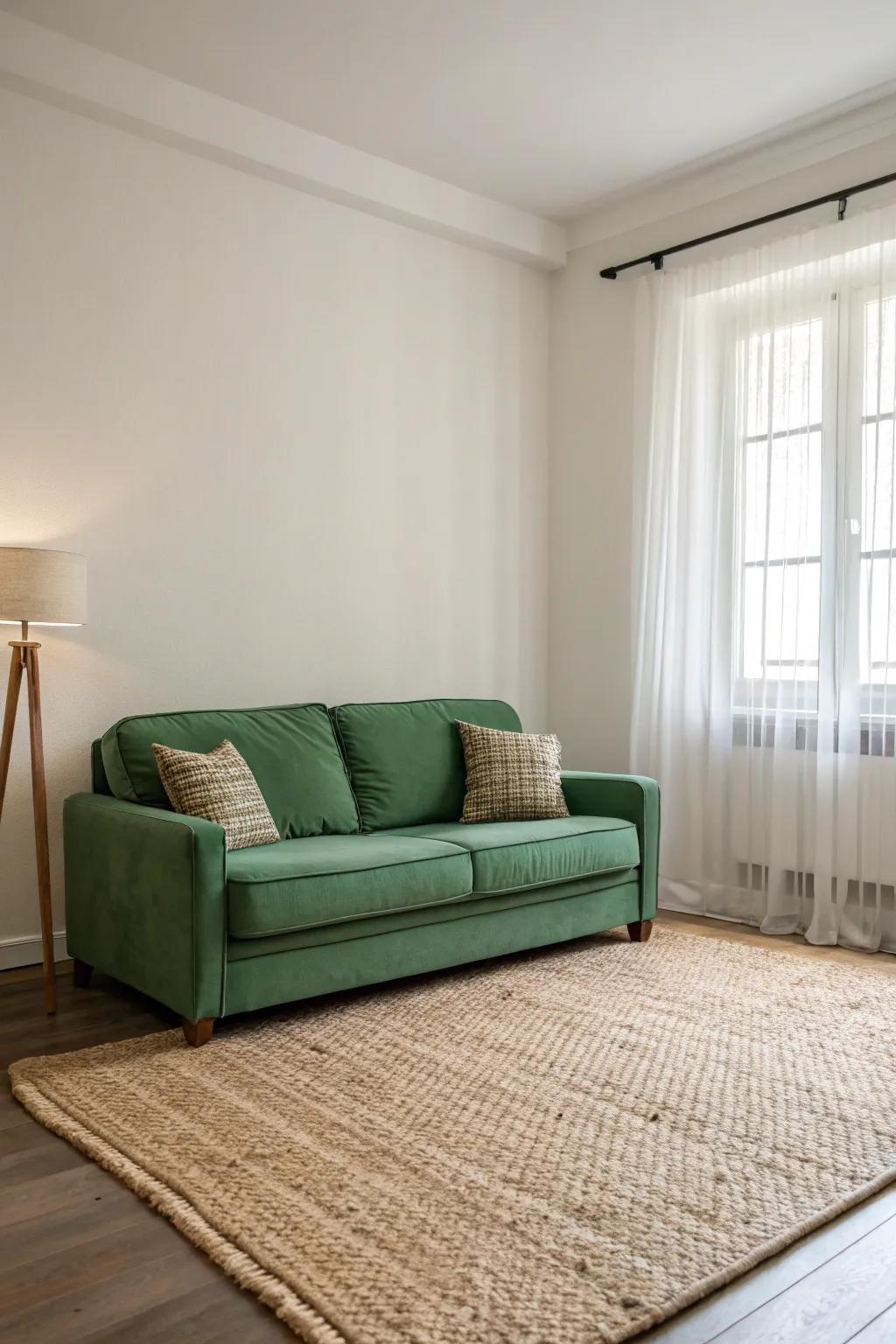 Neutral shades highlight the inherent beauty of a green couch.