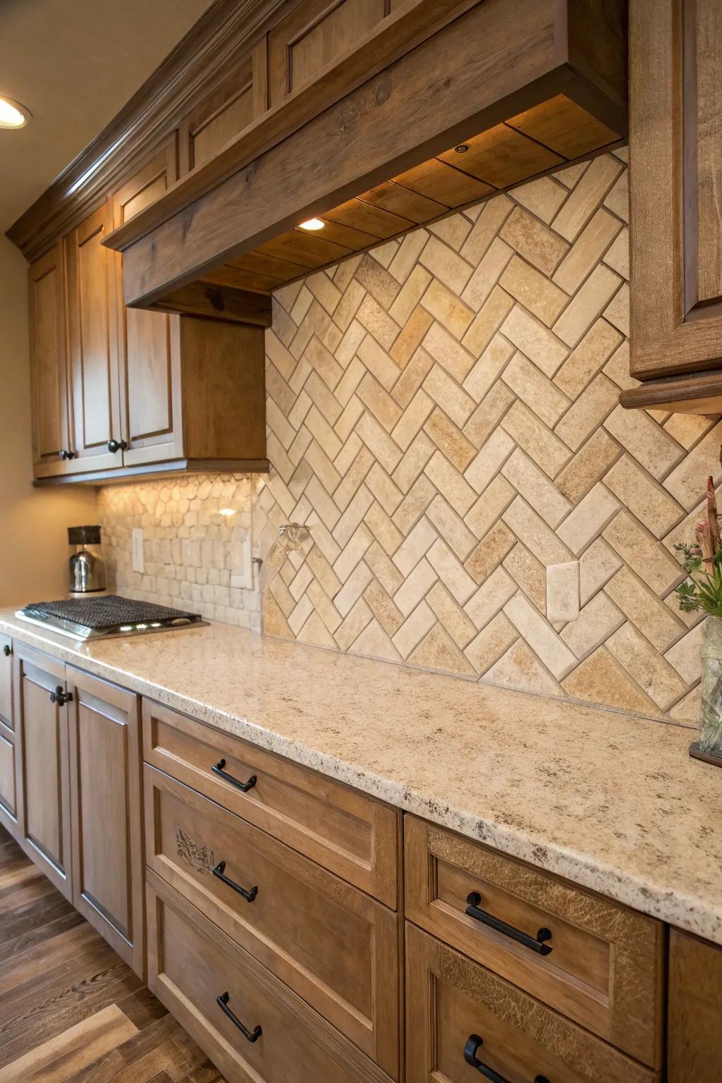 Herringbone patterns add a vibrant touch to rustic kitchens.