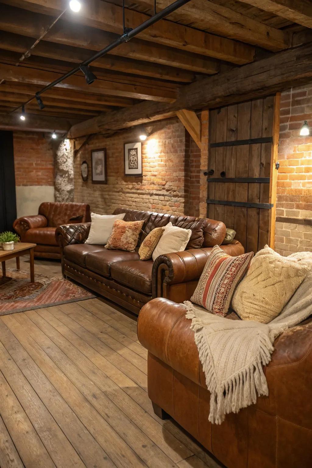 Leather furniture brings vintage elegance to your basement.