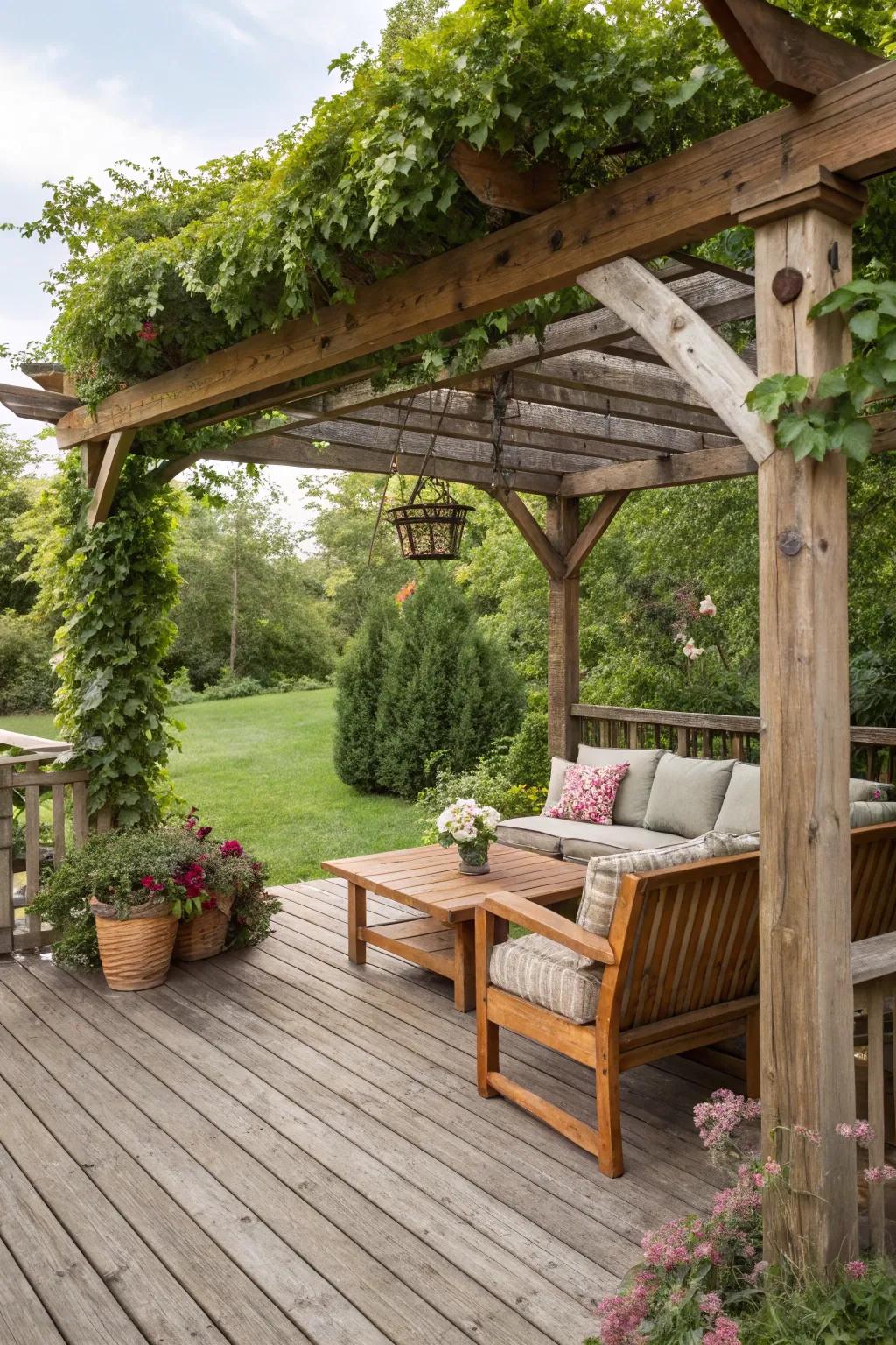 A wood screen gives shade and style to this outdoor space.