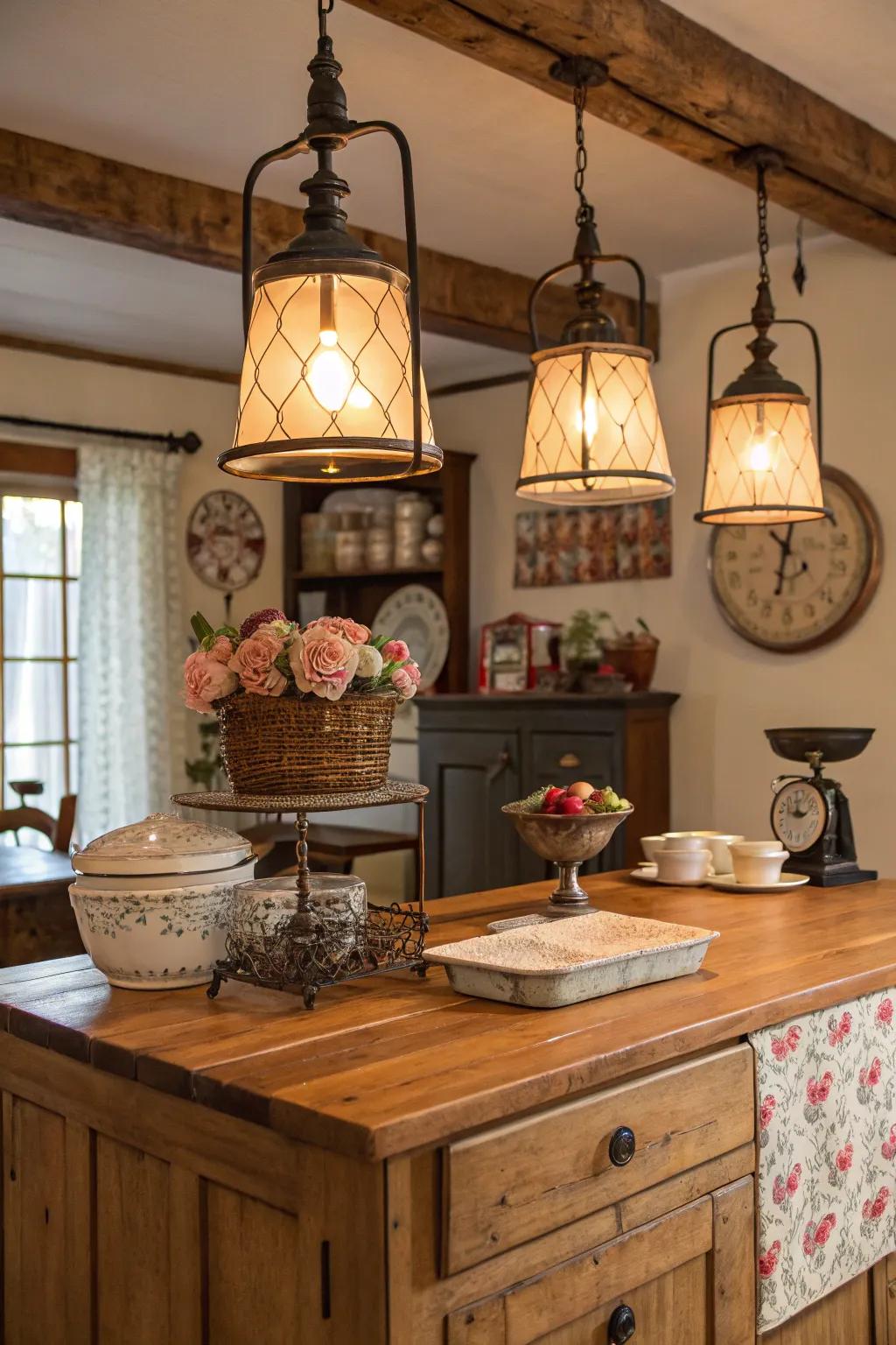 A farmhouse kitchen island decorated with vintage lighting and decorative accents.