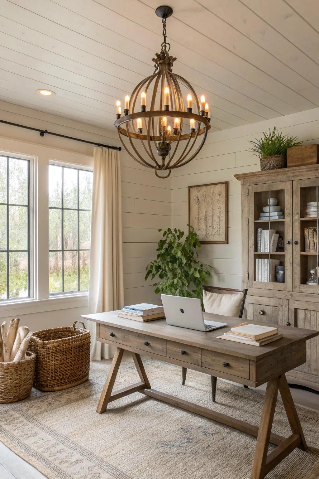 Brighten your workspace with a rustic chandelier, combining elegance with countryside allure.