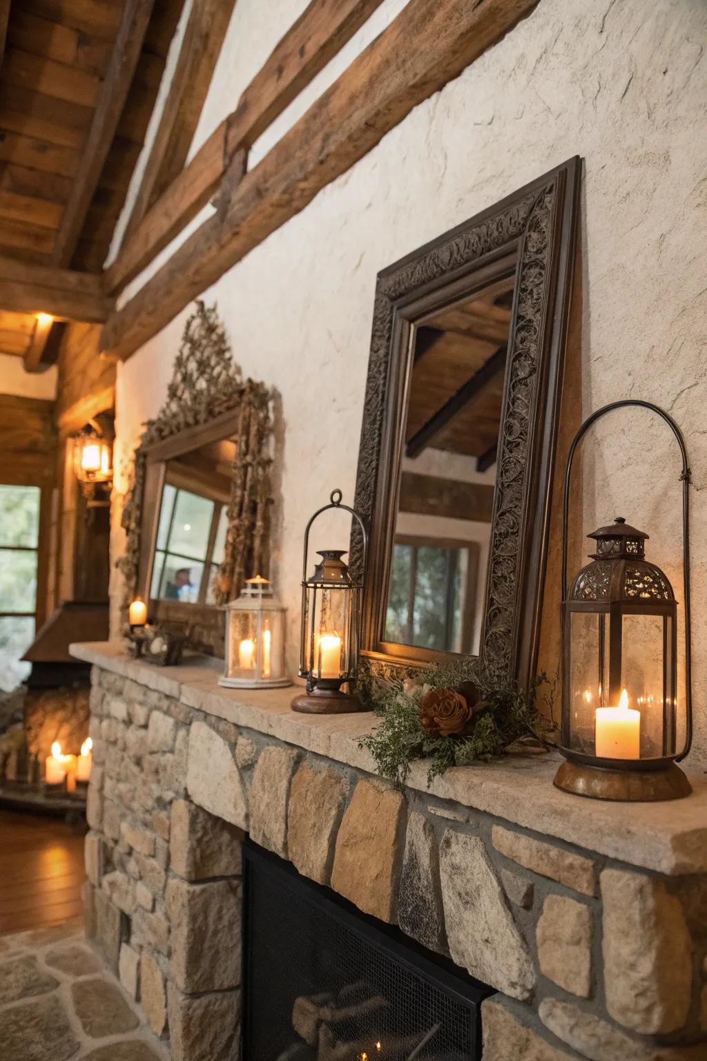 Vintage accents contribute appeal and persona to this rustic fireplace.