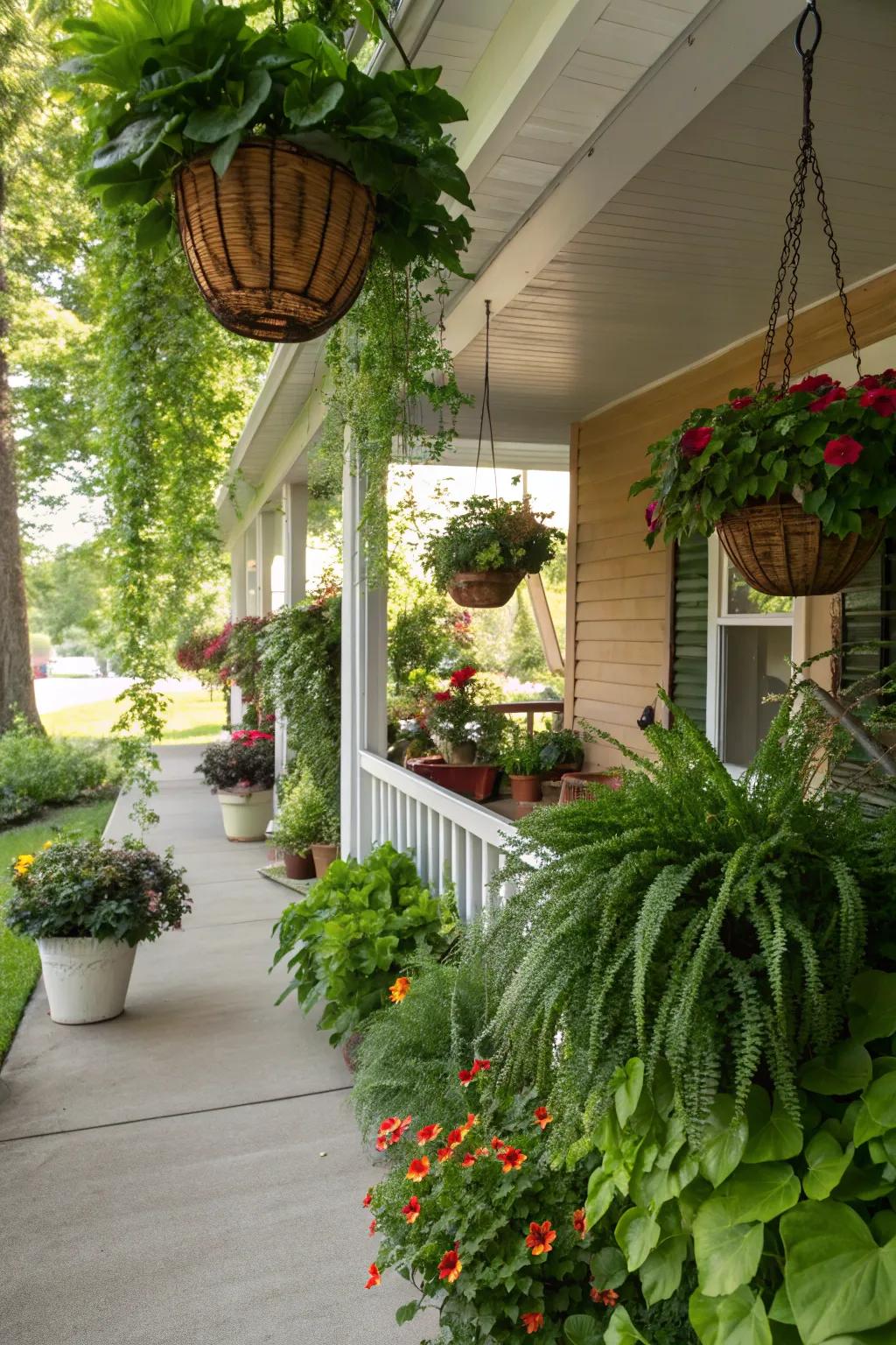 Potted plants and hanging baskets add vibrancy and a pop of color to a rustic porch.