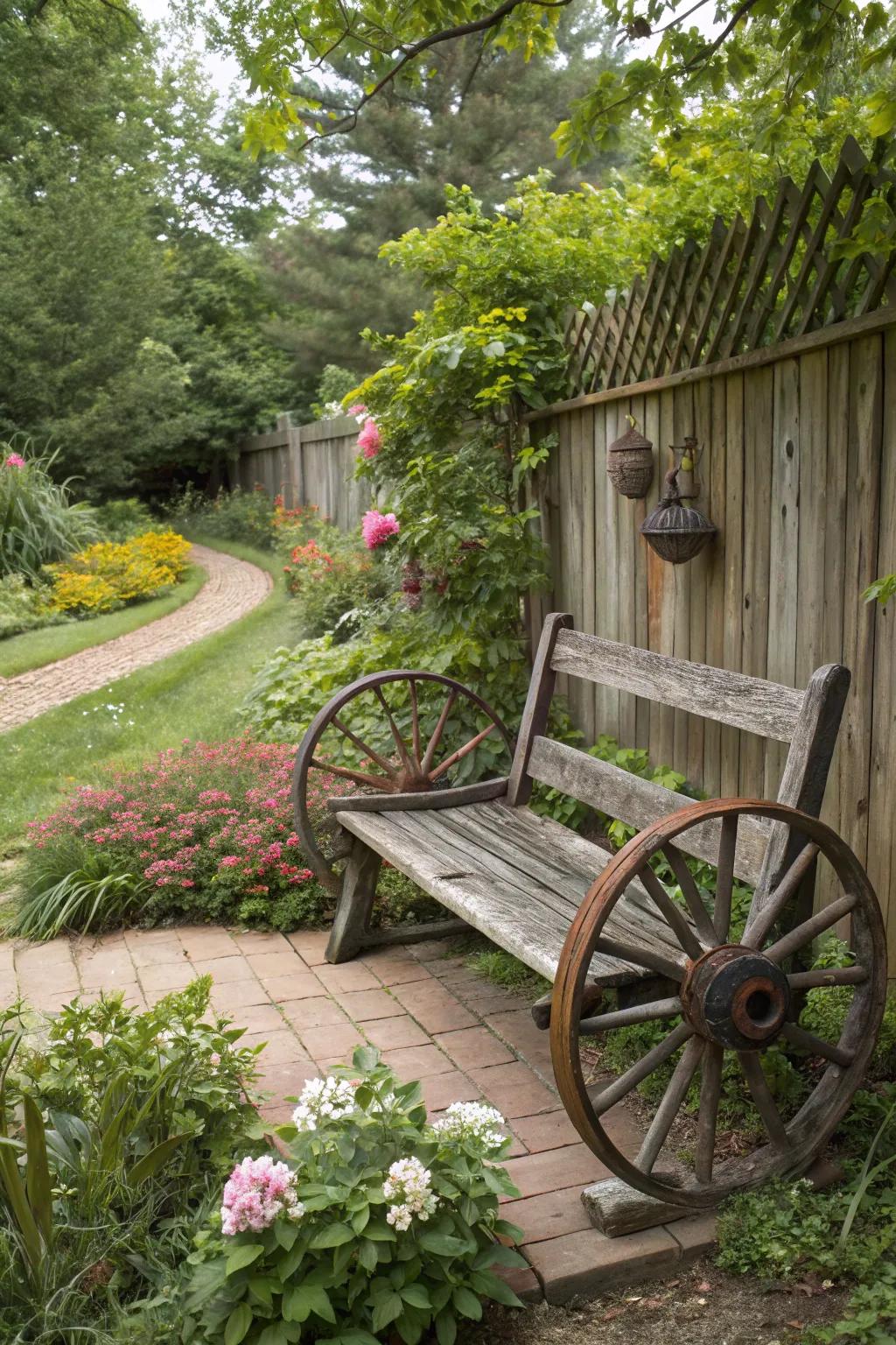A garden bench with cart wheels adding a vintage touch.