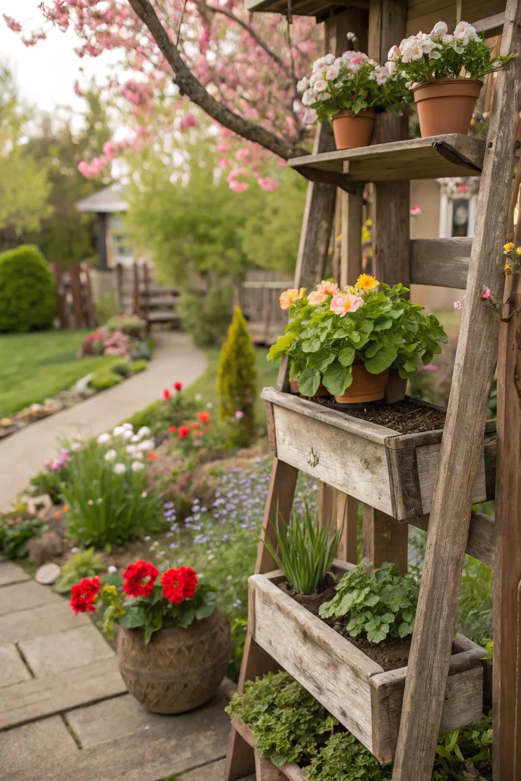 Salvaged timber racks displaying plants in a countryside garden.