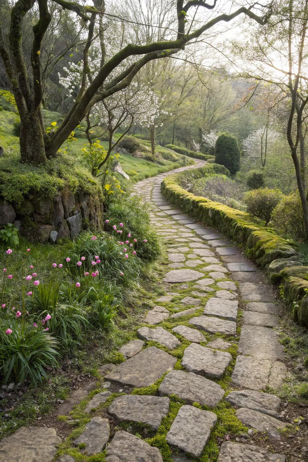 A meandering stone path through a lush garden.