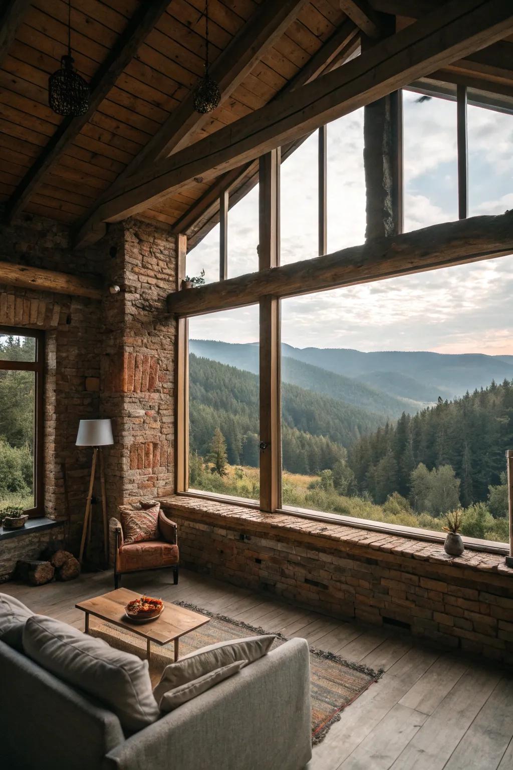 Large windows allowing natural light to flood a rustic setting.
