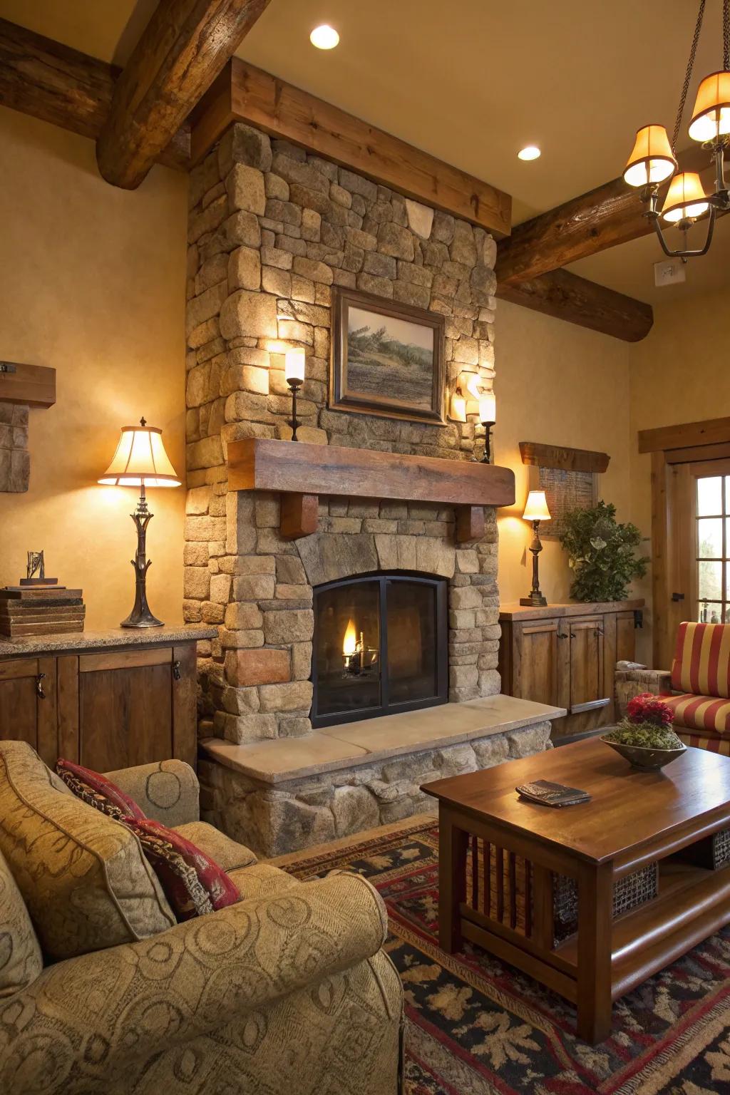 The stone fireplace and soft lighting craft a cozy, cabin-like ambiance.