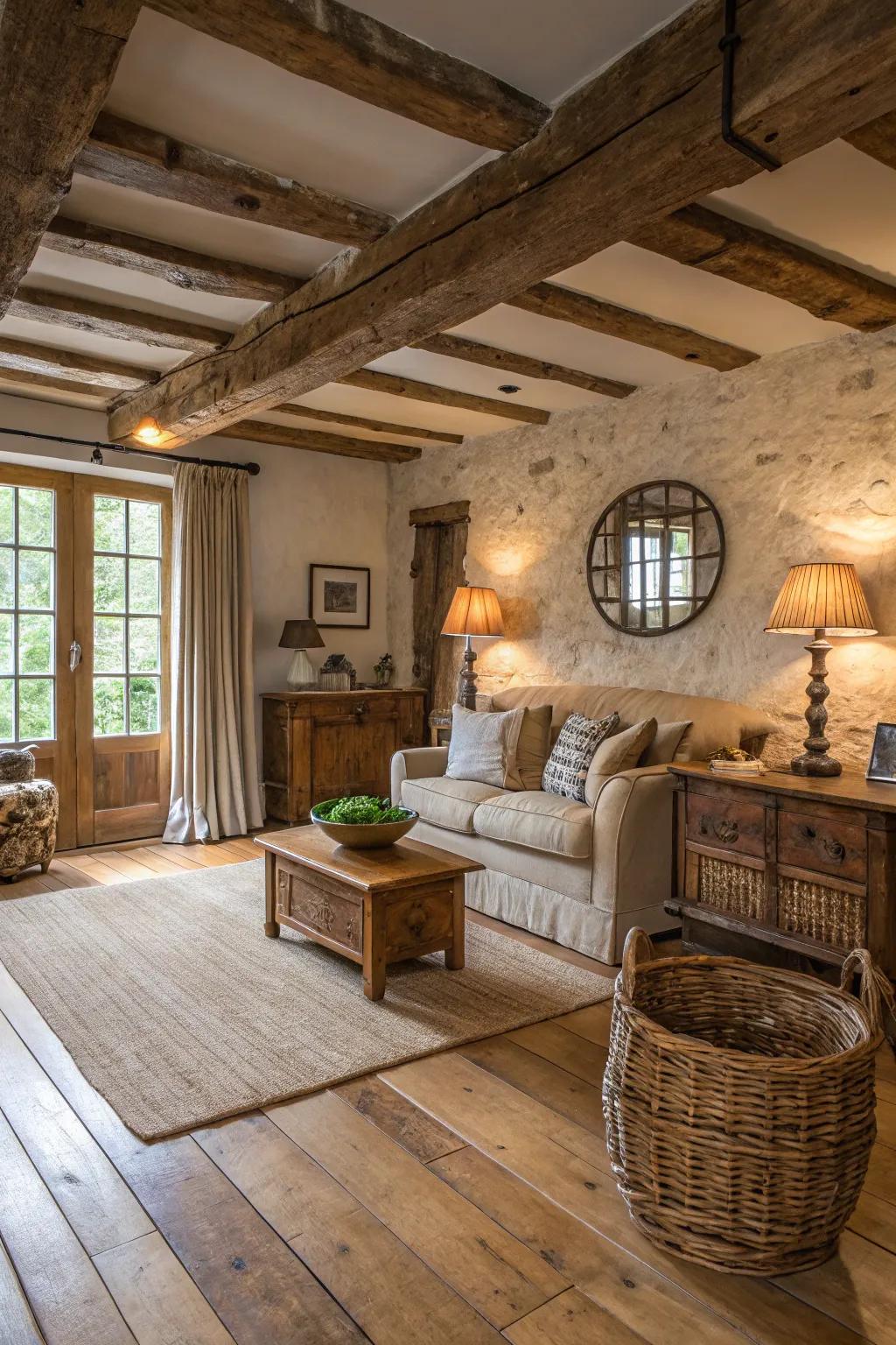 Natural hardwood floors lay a warm and refined foundation for rustic spaces.
