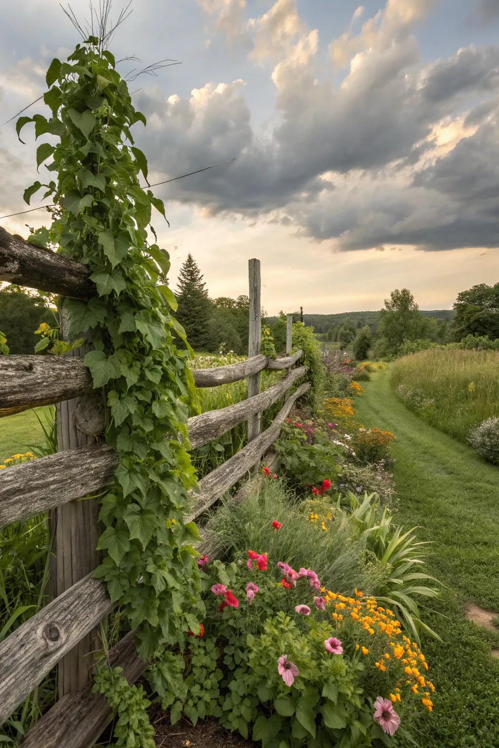 Tiered logs construct a robust fence, injecting texture and depth into a flourishing garden.