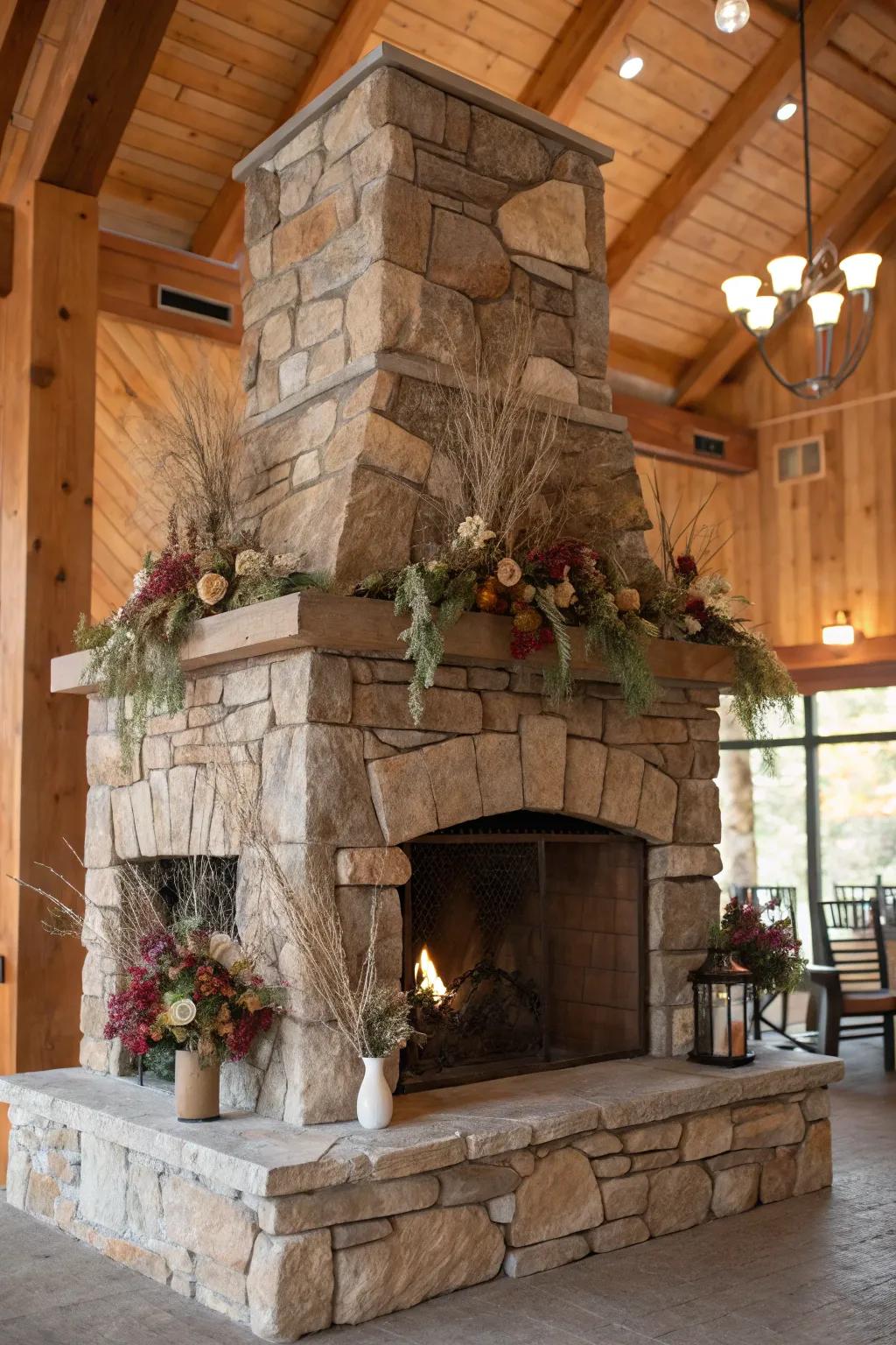 A stone fireplace serves as a natural point of interest in this countryside retreat.