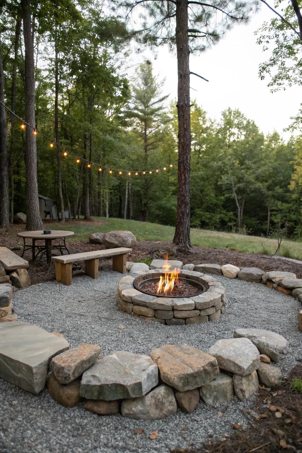 A functional and beautiful gravel and rock fire pit.