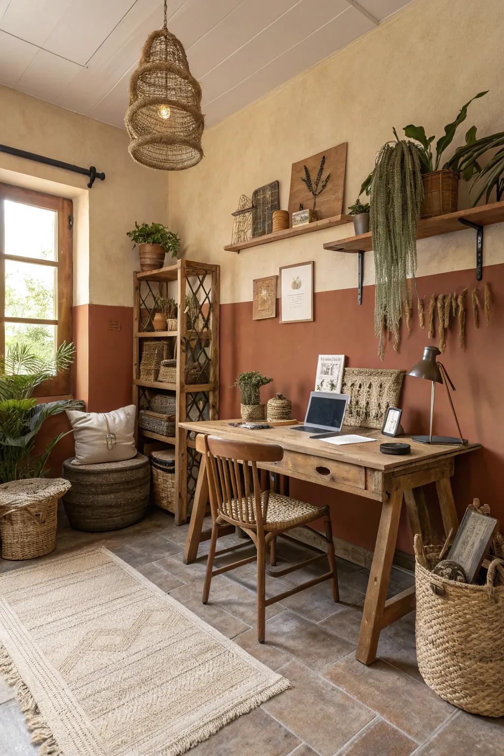 Natural colors cultivate a peaceful ambiance within a country-themed workspace.
