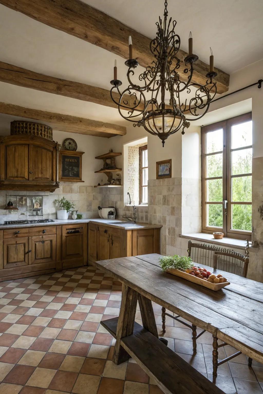 An elaborate iron chandelier introduces vintage elegance to the kitchen.